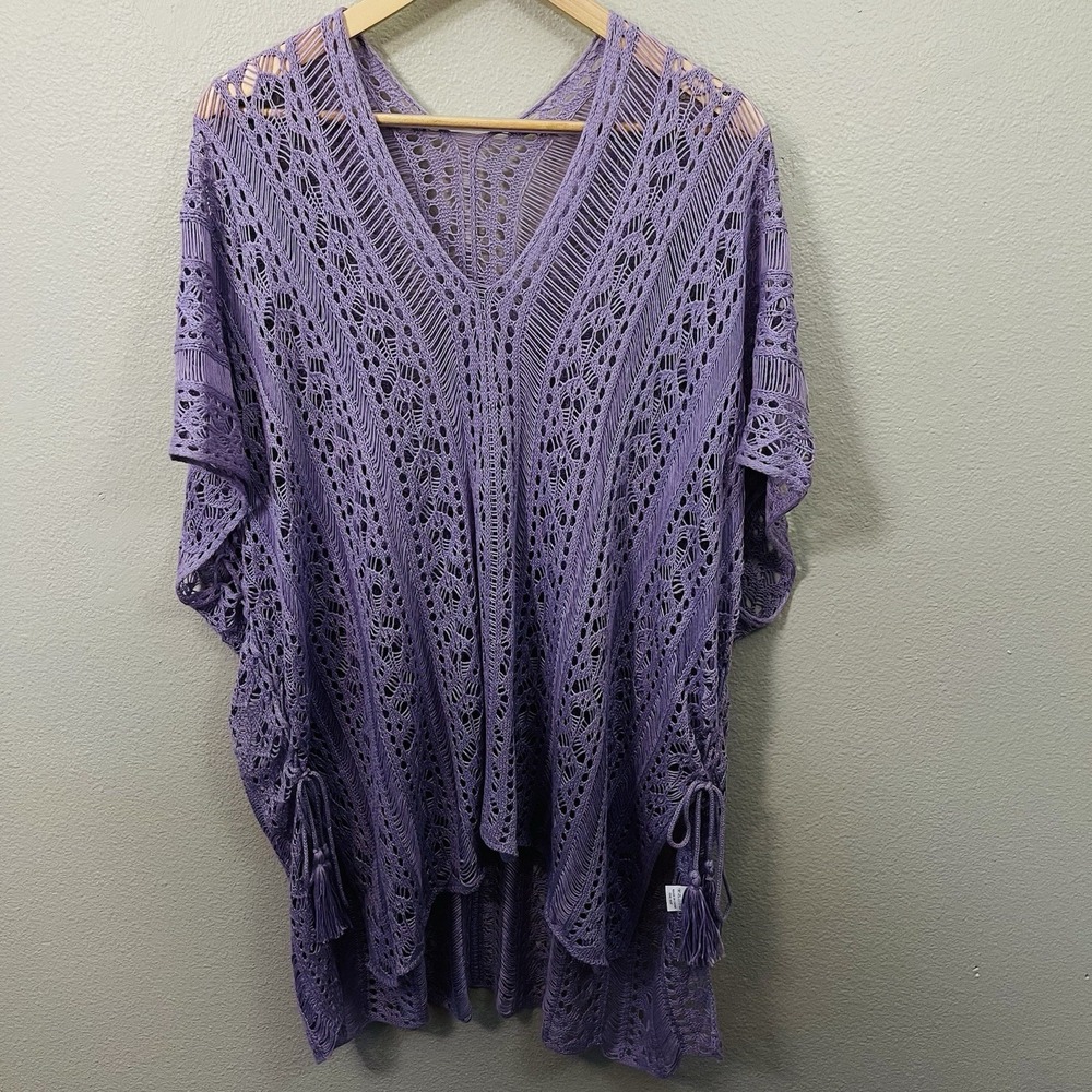 Purple Lilac Open Knit Poncho Cover Up Crochet Sweater Lace Up Oversz Fairy Boho